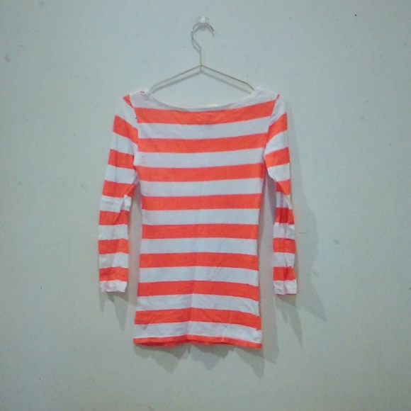 Orange And White 3/4 Sleeve Scoop Neck Striped Tee - Picture 2 of 5